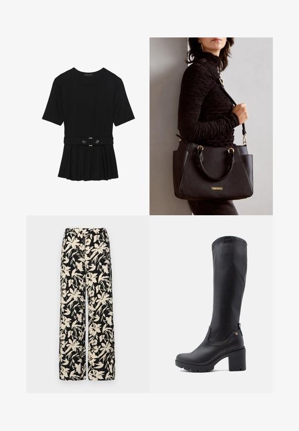 Čierny krátky rukáv top vyrobený z hladkého materiálu, so strihom peplum a opaskom v páse so syntetickými guľatými striebornými gombíkmi.; Čierne nohavice s širokými nohavicami a krémovým kvetinovým vzorom. Vyrobené z ľahkej látky, s hladkou textúrou a vysokým pásom.; Čierne čižmy po kolená vyrobené z hladkej kože, so štvorcovou špičkou, robustným blokovým podpätkom a textúrovanou gumovou podrážkou. Obsahujú diskrétny detail s logom.; Čierna kabelka s textúrovaným povrchom, dvojitými hornými rúčkami a nastaviteľným ramenným popruhom. Obsahuje zlaté kovanie a bočné vrecká.