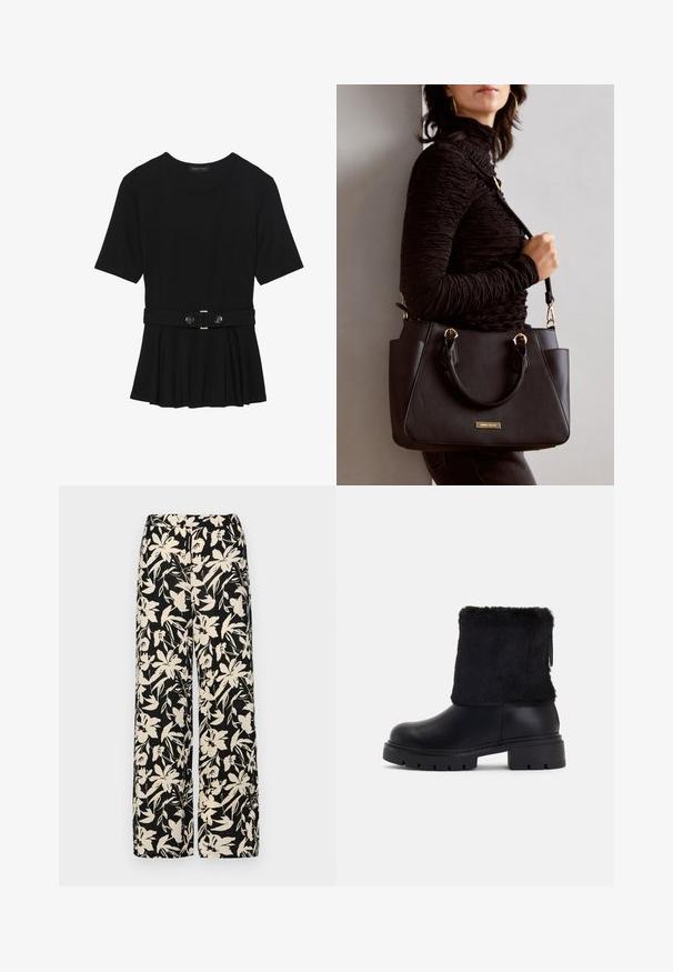 Crna majica kratkih rukava od glatkog materijala, s peplum dizajnom i pojasom s dva okrugla srebrna dugmeta.; Crne široke hlače s kremastim cvjetnim uzorkom. Izrađene od lagane tkanine, sa glatkom teksturom i visokim pojasom.; Crne gležnjače s glatkom kožnom podlogom i strukturiranim umakom od umjetne krzna. Čvrsti, rebrasti gumeni potplat za bolje prianjanje.; Crna torba s teksturiranom površinom, dvostrukim gornjim ručkama i podesivom remenom za rame. Ima zlatne metalne detalje i bočne džepove.