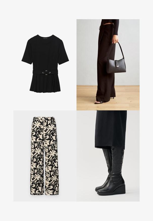 Crna majica kratkih rukava od glatkog materijala, s peplum dizajnom i pojasom s dva okrugla srebrna dugmeta.; Crne široke hlače s kremastim cvjetnim uzorkom. Izrađene od lagane tkanine, sa glatkom teksturom i visokim pojasom.; Crne kožne čizme do koljena s klinastom petom, s glatkom teksturom i bočnim zatvaračem. Dizajnirane s elegantnim, prilagođenim siluetom.; Crna torba s oblikom koji sadrži strukturu, glađu teksturu i metalnu kopču. Uparena s širokim crnim hlačama i sandalama na otvorenom s drvenog poda.