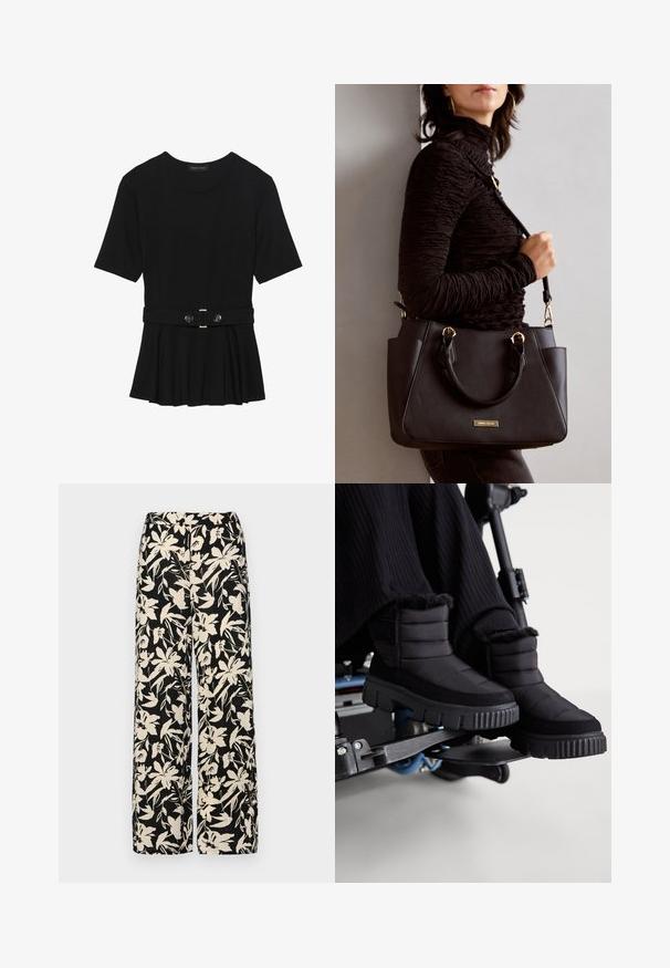 Black short-sleeve top made of smooth material, featuring a peplum design and a belted waist with two round, silver-tone buttons.; Black wide-leg pants with a cream floral pattern. Made of lightweight fabric, featuring a smooth texture and a high waistband.; Black waterproof ankle boots featuring a quilted texture, soft fur trim, and a thick, rugged sole, set against a wheelchair background.; Black handbag with textured surface, dual top handles, and adjustable shoulder strap. Features gold-tone hardware and side pockets.