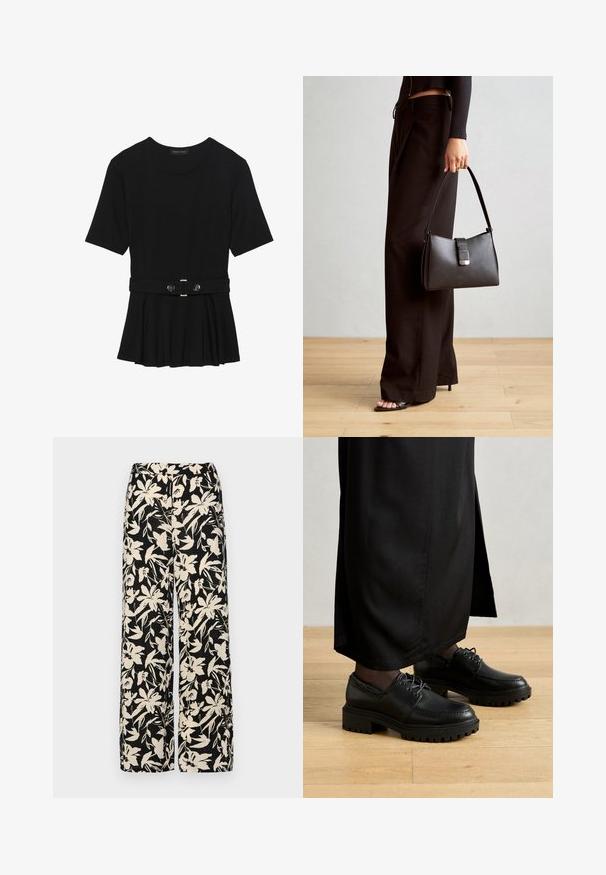 Čierny krátky rukáv top vyrobený z hladkého materiálu, so strihom peplum a opaskom v páse so syntetickými guľatými striebornými gombíkmi.; Čierne nohavice s širokými nohavicami a krémovým kvetinovým vzorom. Vyrobené z ľahkej látky, s hladkou textúrou a vysokým pásom.; Čierne kožené topánky s okrúhlou špičkou, hrubou gumovou podrážkou a šnúrkami. Dizajn obsahuje dekoratívne šitie pozdĺž hornej časti.; Čierna kabelka so štruktúrovaným tvarom, hladkou textúrou a kovovou sponou. V kombinácii so širokými čiernymi nohavicami a sandálmi s otvorenou špičkou na drevenej podlahe.