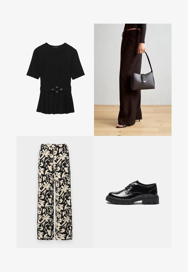Haut noir à manches courtes fabriqué en matériau lisse, avec un design peplum et une taille ceinturée ornée de deux boutons ronds en métal argenté.; Pantalon large noir avec un motif floral crème. Fabriqué en tissu léger, il présente une texture lisse et une taille haute.; Anna Field Derbies - black; Sac à main noir à la forme structurée, texture lisse et fermoir métallique. Associé à un pantalon noir ample et des sandales ouvertes sur un sol en bois.