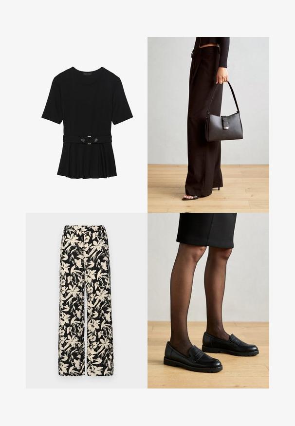 Černé krátké tričko vyrobené z hladkého materiálu, s peplum designem a opaskem v pase, ozdobené dvěma kulatými, stříbrnými knoflíky.; Černé kalhoty s širokými nohavicemi a krémovým květinovým vzorem. Vyrobené z lehké tkaniny, s hladkým povrchem a vysokým pasem.; Černé kožené mokasíny s texturovaným panelem, gumovou podrážkou a kulatou špičkou, nošené s průhlednými černými punčochami a upnutou sukní.; Černá kabelka se strukturovaným tvarem, hladkým povrchem a kovovým uzávěrem. Kombinována s širokými černými kalhotami a sandály s otevřenou špičkou na dřevěné podlaze.