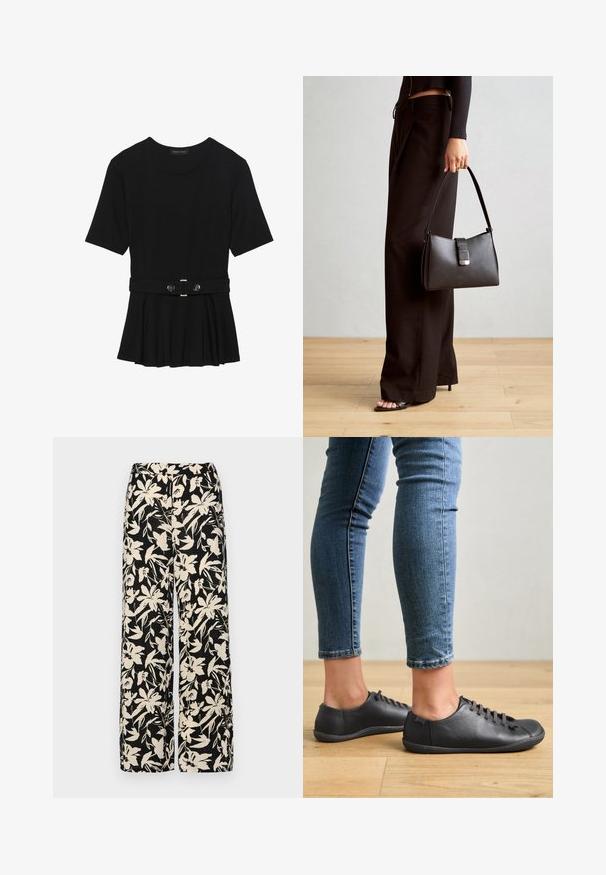 Melnas īsām piedurknēm topiņš, izgatavots no gludas materiāla, ar pepluma dizainu un jostu ar divām apaļām sudraba krāsas pogām.; Melni platie bikses ar krēmkrāsas ziedu rakstu. Izgatavotas no viegla auduma, kuram ir gluda tekstūra un augsta jostasvietas daļa.; Melnas ādas kurpes ar noapaļotu purngalu, zemu profilu un piesiešanas dizainu. Apvienotas ar zilu, pielāgotu džinsu un koka grīdas fonu.; Melnā somiņa ar strukturētu formu, gludu tekstūru un metālu sprādzi. Saskaņota ar platām melnām biksēm un sandālēm ar atvērtu purngalu uz koka grīdas.