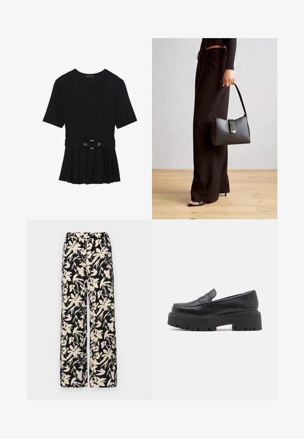 Crna majica kratkih rukava od glatkog materijala, s peplum dizajnom i pojasom s dva okrugla srebrna dugmeta.; Crne široke hlače s kremastim cvjetnim uzorkom. Izrađene od lagane tkanine, sa glatkom teksturom i visokim pojasom.; Crne kožne mokasine s niskim, debelim gumenim potplatom, šivanim detaljima na gornjem dijelu i glatkom teksturom.; Crna torba s oblikom koji sadrži strukturu, glađu teksturu i metalnu kopču. Uparena s širokim crnim hlačama i sandalama na otvorenom s drvenog poda.
