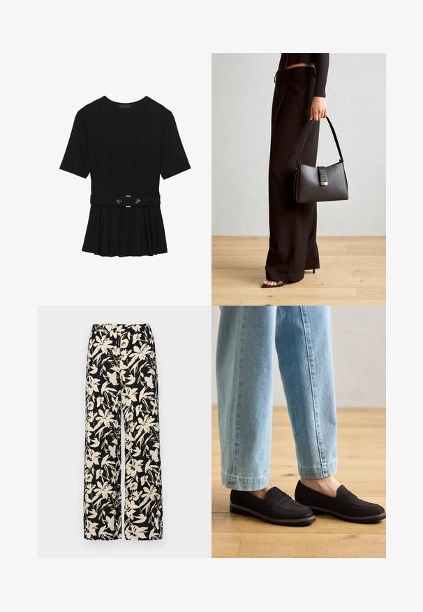 Top corto nero a maniche corte realizzato in materiale liscio, con design peplum e vita cintata adornata da due bottoni tondi in tono argento.; Pantaloni larghi neri con un motivo floreale crema. Realizzati in tessuto leggero, con una texture liscia e una vita alta.; Mocassini in suede nera con suola piatta e cuciture a contrasto, indossati con jeans in denim azzurro chiaro, leggermente cropped, su un pavimento in legno.; Borsa nera con forma strutturata, texture liscia e una chiusura metallica. Abbinata a pantaloni neri larghi e sandali open-toe su un pavimento in legno.