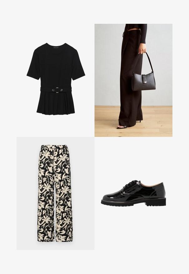 Schwarzes Kurzarmoberteil aus glattem Material, mit einem Peplum-Design und einem taillierten Bund, der mit zwei runden, silberfarbenen Knöpfen ausgestattet ist.; Schwarze weit geschnittene Hose mit einem cremefarbenen Blumenmuster. Hergestellt aus leichtem Stoff, mit einer glatten Textur und einem hohen Bund.; Schwarze lacklederschuhe mit runder Zehe, Broguedetails, Gummisohle und strukturierter Oberfläche. Akzentuiert mit kleinen Ösen.; Schwarze Handtasche mit strukturierter Form, glatter Textur und einem metallischen Verschluss. Kombiniert mit weiten schwarzen Hosen und offenen Sandalen auf einem Holzboden.