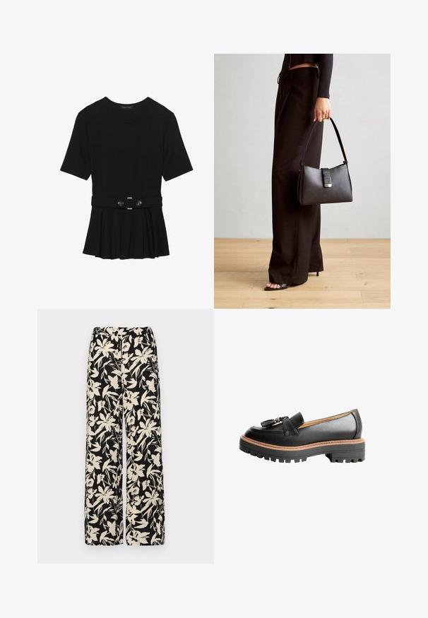 Top negru cu mâneci scurte, realizat dintr-un material neted, cu un design peplum și o talie beltată cu două butoane rotunde de culoare argintie.; Pantaloni negri cu croi larg, decorati cu un model floral crem. Fabricati dintr-un material usor, avand o textura neteda si un talie inalta.; Loafer din piele neagră cu bot rotund, detaliu decorativ cu fundiță și talpă chunky din cauciuc negru, cu o cusătură contrastantă maro.; Genți negre cu o formă structurată, textură netedă și un închizător metalic. Asortată cu pantaloni negri largi și sandale cu vârf deschis pe un podea din lemn.