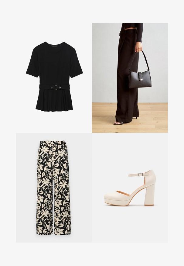 Haut noir à manches courtes fabriqué en matériau lisse, avec un design peplum et une taille ceinturée ornée de deux boutons ronds en métal argenté.; Pantalon large noir avec un motif floral crème. Fabriqué en tissu léger, il présente une texture lisse et une taille haute.; Talons compensés de couleur crème avec un bout rond et une bride de cheville réglable. Présente un talon épais avec une légère accent en bois.; Sac à main noir à la forme structurée, texture lisse et fermoir métallique. Associé à un pantalon noir ample et des sandales ouvertes sur un sol en bois.