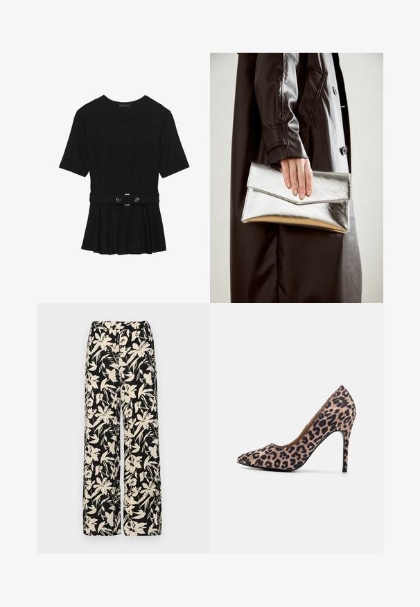 Zwart топ met korte mouwen van glad materiaal, voorzien van een peplum ontwerp en een riem in de taille met twee ronde, zilverkleurige knopen.; Zwarte wijde broek met een crèmekleurig bloemenpatroon. Gemaakt van lichtgewicht stof, met een zachte textuur en een hoge tailleband.; Luipaardprint hoge hak met een spitse neus, textiele stof, 10 cm hoge stiletto hak en een gladde binnenvoering.; Zilveren metallic clutch met een hoekig envelopontwerp, een gladde textuur en een contrasterende binnenkleur, vastgehouden in een hand die een zwarte jas draagt.