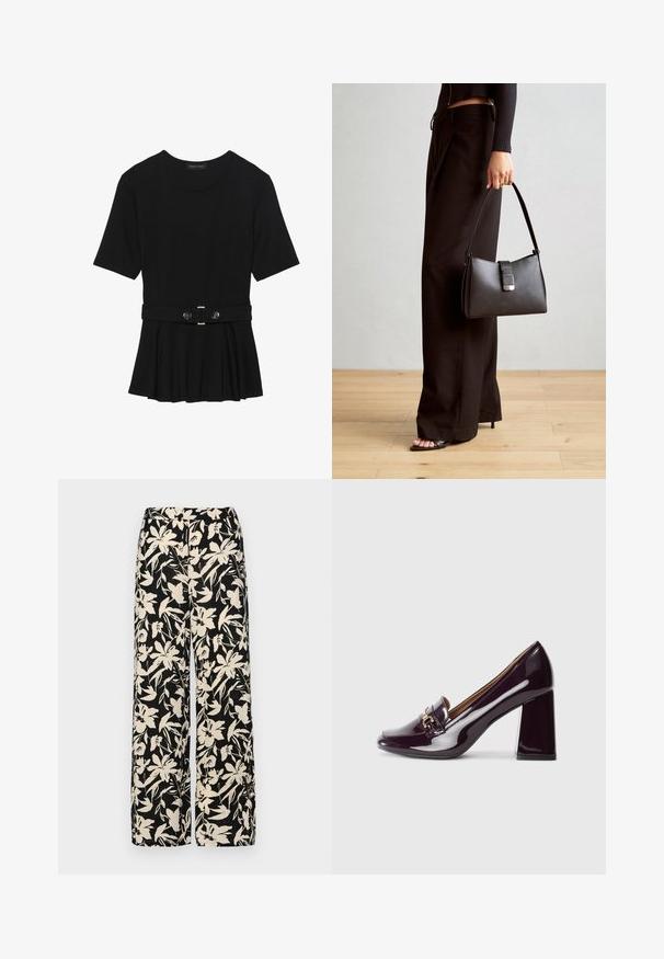 Černé krátké tričko vyrobené z hladkého materiálu, s peplum designem a opaskem v pase, ozdobené dvěma kulatými, stříbrnými knoflíky.; Černé kalhoty s širokými nohavicemi a krémovým květinovým vzorem. Vyrobené z lehké tkaniny, s hladkým povrchem a vysokým pasem.; Lodičky na vysokém podpatku z lesklé hluboké fialkové lakované kůže, s kulatou špičkou a zlatým přezkovým detail na svršku.; Černá kabelka se strukturovaným tvarem, hladkým povrchem a kovovým uzávěrem. Kombinována s širokými černými kalhotami a sandály s otevřenou špičkou na dřevěné podlaze.