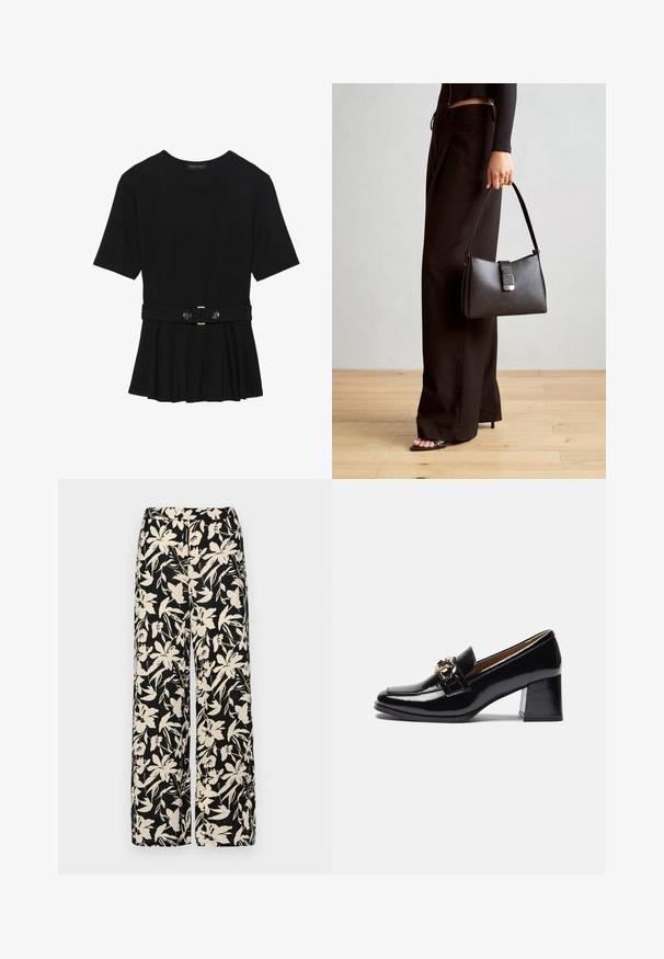Musta lyhythihainen paita, joka on valmistettu sileästä materiaalista ja jossa on peplum-muotoilu sekä vyötäröllä vyö, jossa on kaksi pyöreää hopeanväristä nappia.; Mustat leveälahkeiset housut, joissa on kermaisen värinen kukkakuosi. Valmistettu kevyestä kankaasta, jossa on sileä pinta ja korkea vyötärö.; Mustat kiiltävät nahkasaappaat, joissa on pyöristetty kärki, tukevampi korko ja kultasävyinen varuste etuompelussa.; Musta käsilaukku, jossa on rakenteellinen muoto, sileä pinta ja metallinen solki. Yhdistetty leveisiin mustiin housuihin ja avonaiheisiin sandaaleihin puulattialla.