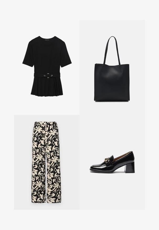 Top preto de mangas curtas, feito de material suave, com design peplum e uma cintura cinto com dois botões redondos em tom prateado.; Calças largas pretas com um padrão floral creme. Feitas de um tecido leve, apresentando uma textura suave e uma cintura alta.; Mocassins pretos em verniz com salto, apresentando uma biqueira arredondada, um salto mais robusto e um detalhe em metal dourado na tira frontal.; Bolsa tote preta em couro com textura lisa, forma retangular e duas alças longas. Sem hardware ou enfeites visíveis.