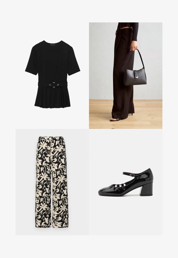 Top corto nero a maniche corte realizzato in materiale liscio, con design peplum e vita cintata adornata da due bottoni tondi in tono argento.; Pantaloni larghi neri con un motivo floreale crema. Realizzati in tessuto leggero, con una texture liscia e una vita alta.; Scarpa con tacco in vernice nera, con dettaglio a taglio, cinturino regolabile alla caviglia e tacco a blocco. Superficie liscia e lucida con punta arrotondata.; Borsa nera con forma strutturata, texture liscia e una chiusura metallica. Abbinata a pantaloni neri larghi e sandali open-toe su un pavimento in legno.