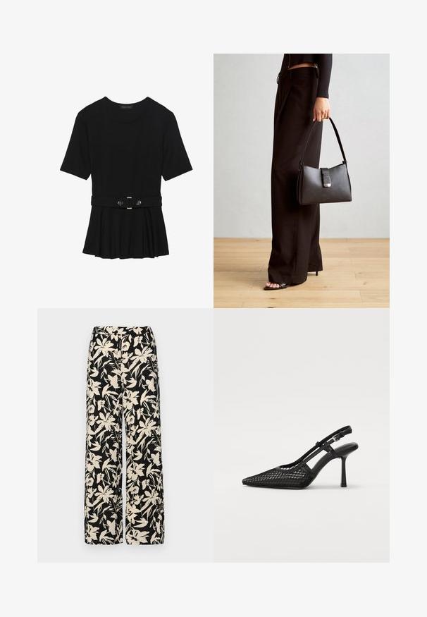 Črn kratek rokav srajca iz gladkega materiala, z obliko pepluma in pasom s pasom ter dvema okroglega srebrno-toniranima gumboma.; Črne široke hlače z kremnim cvetličnim vzorcem. Narejene so iz lahkega blaga, ki ima gladko teksturo in visok pas.; Črne slingback pete z ostrim nosom, mrežnim materialom in tankim trakcem okrog gležnja. Imajo tanek stiletto peto in izrezljan dizajn.; Črna torbica z strukturirano obliko, gladko teksturo in kovinskim zaponko. Ujemajo se z širokimi črnimi hlačami in odprtimi sandali na lesenem tleh.