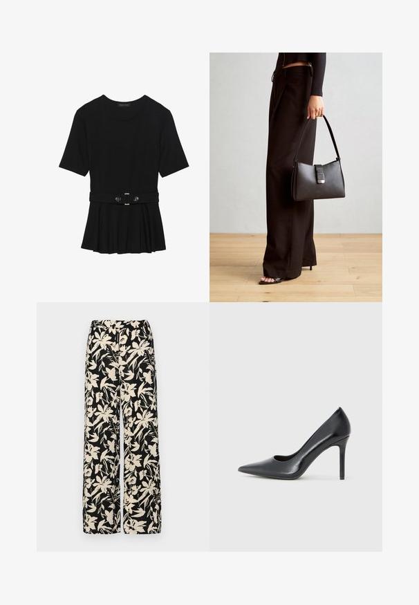 Top negru cu mâneci scurte, realizat dintr-un material neted, cu un design peplum și o talie beltată cu două butoane rotunde de culoare argintie.; Pantaloni negri cu croi larg, decorati cu un model floral crem. Fabricati dintr-un material usor, avand o textura neteda si un talie inalta.; Pantofi cu toc înalt din piele laică neagră, cu vârf ascuțit și o siluetă elegantă, având un toc stiletto subțire și un design minimalistic.; Genți negre cu o formă structurată, textură netedă și un închizător metalic. Asortată cu pantaloni negri largi și sandale cu vârf deschis pe un podea din lemn.