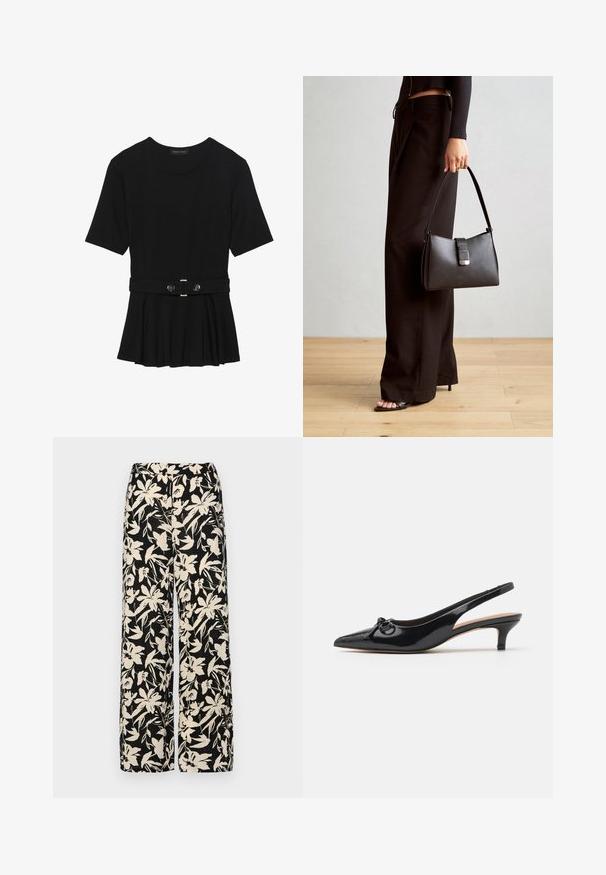 Svart kortermet topp laget av glatt materiale, med en peplum-design og en belted midje med to runde knapper i sølvfarge.; Sorte vide bukser med et cremet blomster mønster. Fremstillet af letvægtsstof, med en glat tekstur og en høj talje.; Sorte patentlæder slingback sko med spids tå, lille hæl og en dekorativ sløjfe detalje på vamps. Glat overflade.; Svart håndveske med strukturert form, jevn tekstur og metallisk lås. Kombinert med brede svarte bukser og sandaler med åpen tå på tregulv.
