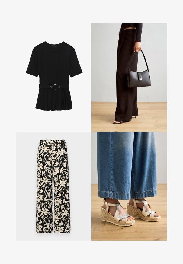 Top preto de mangas curtas, feito de material suave, com design peplum e uma cintura cinto com dois botões redondos em tom prateado.; Calças largas pretas com um padrão floral creme. Feitas de um tecido leve, apresentando uma textura suave e uma cintura alta.; Sandálias de cunha douradas com tiras entrelaçadas e base de juta. Apresentam tiras cruzadas largas e um design de bico redondo. Usadas com jeans de perna larga em azul claro.; Bolsa preta com forma estruturada, textura suave e um fecho metálico. Combinada com calças largas pretas e sandálias de salto aberto sobre um chão de madeira.