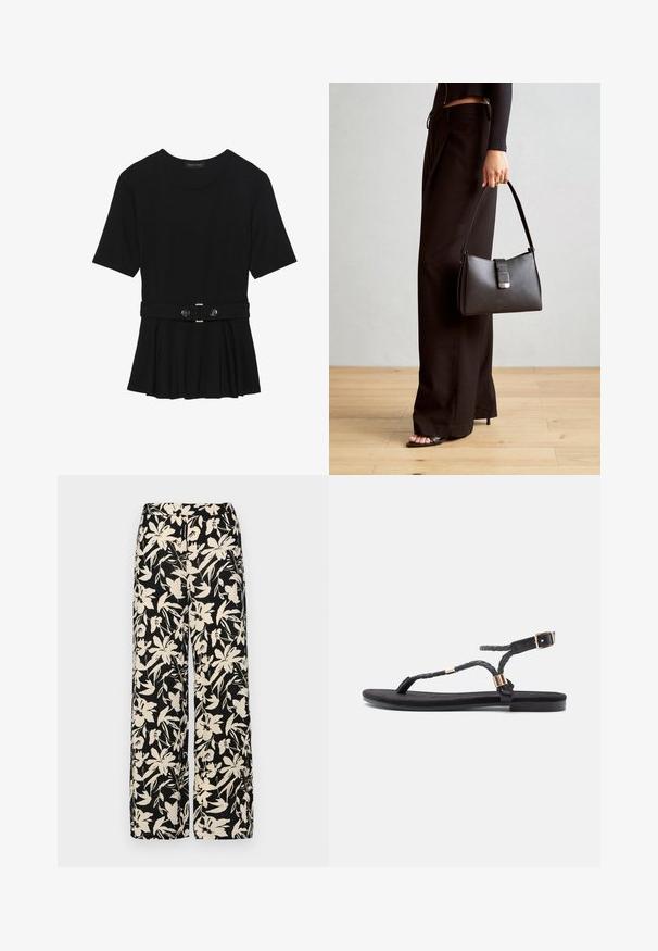 Melnas īsām piedurknēm topiņš, izgatavots no gludas materiāla, ar pepluma dizainu un jostu ar divām apaļām sudraba krāsas pogām.; Melni platie bikses ar krēmkrāsas ziedu rakstu. Izgatavotas no viegla auduma, kuram ir gluda tekstūra un augsta jostasvietas daļa.; Melni plakani sandaļi ar izpītām siksnām un metāla akcentu. Iekļauj regulējamu sprādzi un plakanu gumijas zoli komfortam.; Melnā somiņa ar strukturētu formu, gludu tekstūru un metālu sprādzi. Saskaņota ar platām melnām biksēm un sandālēm ar atvērtu purngalu uz koka grīdas.