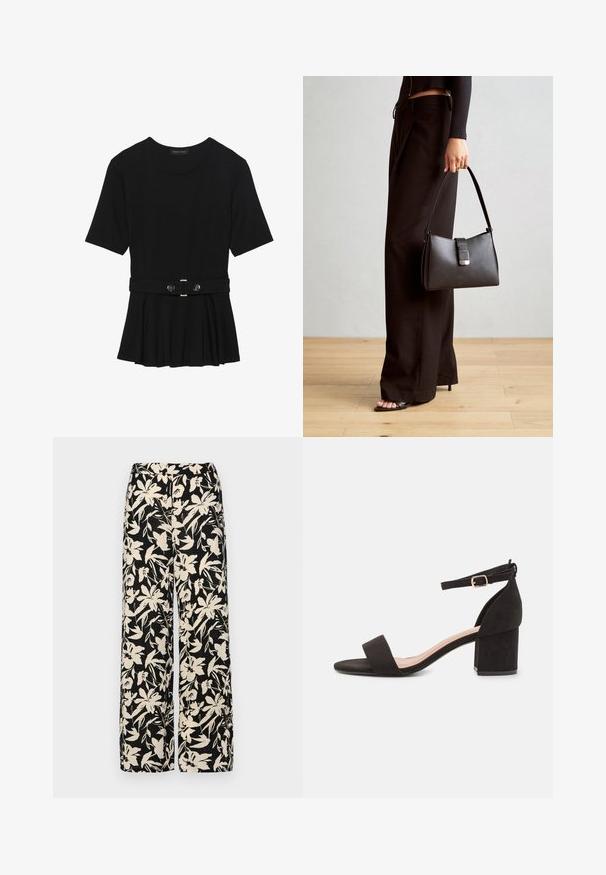 Top negro de manga corta fabricado en un material suave, con un diseño de peplum y una cintura ceñida con un cinturón que incluye dos botones redondos en tono plateado.; Pantalones de pierna ancha negros con un patrón floral crema. Fabricados en un tejido ligero, con una textura suave y una cintura alta.; Sandalias de tacón de ante negro con punta cuadrada, tira ancha sobre el pie, correa en el tobillo con hebilla y tacón cuadrado y grueso.; Bolso negro con forma estructurada, textura suave y un cierre metálico. Combinado con pantalones anchos negros y sandalias de dedo en un suelo de madera.