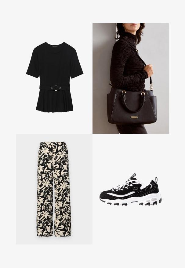 Musta lyhythihainen paita, joka on valmistettu sileästä materiaalista ja jossa on peplum-muotoilu sekä vyötäröllä vyö, jossa on kaksi pyöreää hopeanväristä nappia.; Mustat leveälahkeiset housut, joissa on kermaisen värinen kukkakuosi. Valmistettu kevyestä kankaasta, jossa on sileä pinta ja korkea vyötärö.; Mustikkavalkoinen urheilujalkine, jossa on mokkanahkainen yläosa, pehmustettu nilkkapanto ja keveä ulkopohja. Varustettu näyttävällä logolla ja kontrastivärisillä sauman yksityiskohdilla.; Musta käsilaukku, jossa on teksturoitu pinta, kaksi yläkantta ja säädettävä olkahihna. Varustettu kultasävyisillä varusteilla ja sivutaskuilla.