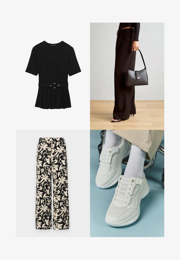 Black short-sleeve top made of smooth material, featuring a peplum design and a belted waist with two round, silver-tone buttons.; Black wide-leg pants with a cream floral pattern. Made of lightweight fabric, featuring a smooth texture and a high waistband.; White sneakers featuring a mesh material, rubber sole, lace-free design with elastic bands, and gold-toned accents.; Black handbag with structured shape, smooth texture, and a metallic clasp. Paired with wide black pants and open-toe sandals on wooden floor.