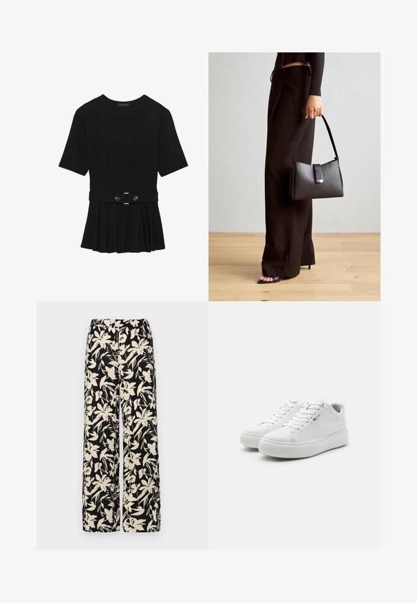 Musta lyhythihainen paita, joka on valmistettu sileästä materiaalista ja jossa on peplum-muotoilu sekä vyötäröllä vyö, jossa on kaksi pyöreää hopeanväristä nappia.; Mustat leveälahkeiset housut, joissa on kermaisen värinen kukkakuosi. Valmistettu kevyestä kankaasta, jossa on sileä pinta ja korkea vyötärö.; Valkoiset matalat tennarit, joissa on sileä kangaspinta, pyöreä kärki ja paksu kumipohja. Varustettu naruilla suljettavalla edellä ja minimalistisella muotoilulla.; Musta käsilaukku, jossa on rakenteellinen muoto, sileä pinta ja metallinen solki. Yhdistetty leveisiin mustiin housuihin ja avonaiheisiin sandaaleihin puulattialla.