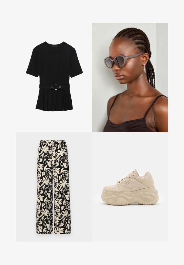 Top preto de mangas curtas, feito de material suave, com design peplum e uma cintura cinto com dois botões redondos em tom prateado.; Calças largas pretas com um padrão floral creme. Feitas de um tecido leve, apresentando uma textura suave e uma cintura alta.; Sapatilhas de plataforma bege com parte superior em couro liso, bico arredondado e sola de borracha texturizada com padrões em onda e detalhe de logotipo.; Óculos de sol cinzentos de tamanho oversized com uma forma arredondada e lentes escuras. Armação de plástico elegante com um acabamento suave. O modelo tem cabelo trançado.