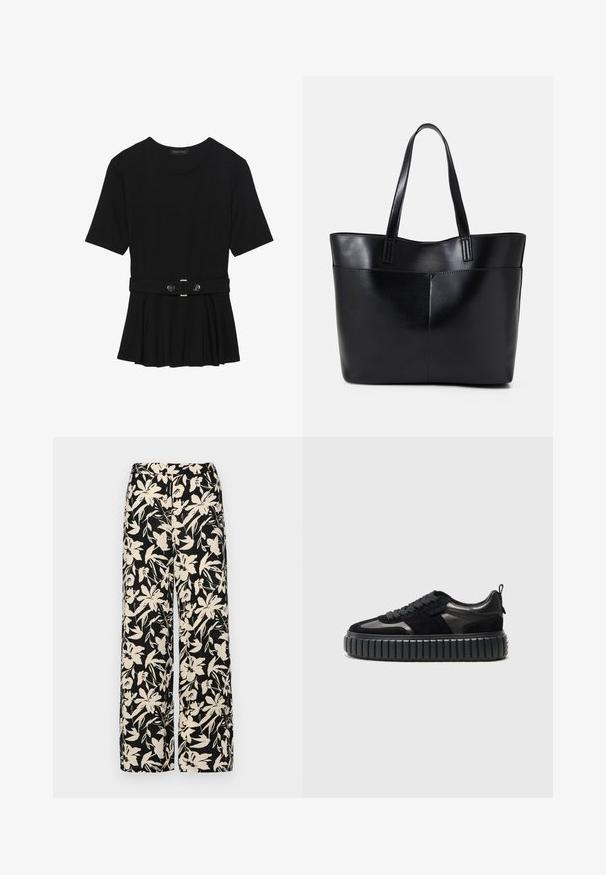 Black short-sleeve top made of smooth material, featuring a peplum design and a belted waist with two round, silver-tone buttons.; Black wide-leg pants with a cream floral pattern. Made of lightweight fabric, featuring a smooth texture and a high waistband.; Kennel + Schmenger ZAP - Trainers - schwarz; Black leather tote bag with two long handles, a smooth texture, and a structured shape. Features a front pocket for additional storage.