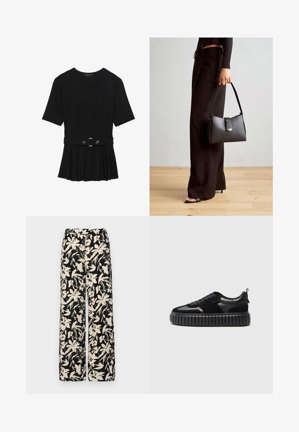 Musta lyhythihainen paita, joka on valmistettu sileästä materiaalista ja jossa on peplum-muotoilu sekä vyötäröllä vyö, jossa on kaksi pyöreää hopeanväristä nappia.; Mustat leveälahkeiset housut, joissa on kermaisen värinen kukkakuosi. Valmistettu kevyestä kankaasta, jossa on sileä pinta ja korkea vyötärö.; Kennel + Schmenger ZAP - Matalavartiset tennarit - schwarz; Musta käsilaukku, jossa on rakenteellinen muoto, sileä pinta ja metallinen solki. Yhdistetty leveisiin mustiin housuihin ja avonaiheisiin sandaaleihin puulattialla.