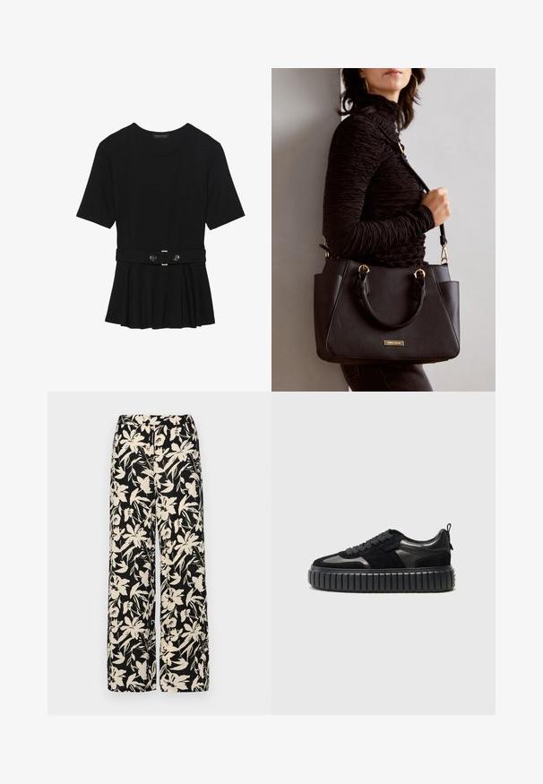 Sort kortærmet top lavet af glat materiale, med en peplum-design og en bælte i taljen med to runde, sølvfarvede knapper.; Sorte vide bukser med et mønster af cremefarvede blomster. Lavet af letvægtsstof, som har en glat tekstur og en høj talje.; Kennel + Schmenger ZAP - Sneakers - schwarz; Sort håndtaske med struktureret overflade, dobbelt topbærere og justerbar skulderrem. Udstyret med guldfarvet metalhardware og sidelommer.