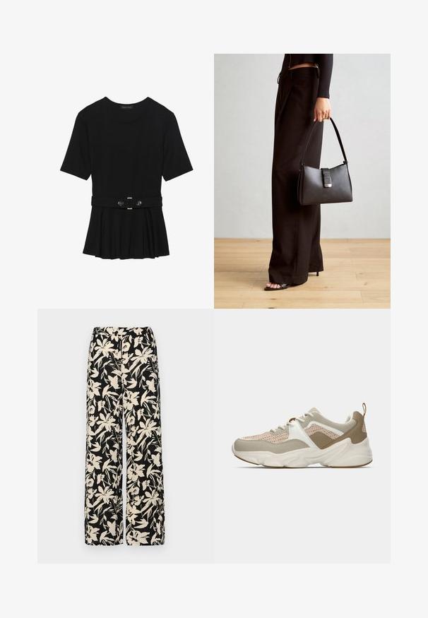 Svart kortermet topp laget av glatt materiale, med en peplum-design og en belted midje med to runde knapper i sølvfarge.; Sorte vide bukser med et cremet blomster mønster. Fremstillet af letvægtsstof, med en glat tekstur og en høj talje.; Lettsko som veier lite, med en beige nettingoverdel, hvite detaljer og teksturerte brune elementer. Kraftig gummisåle med et unikt bølgedesign.; Svart håndveske med strukturert form, jevn tekstur og metallisk lås. Kombinert med brede svarte bukser og sandaler med åpen tå på tregulv.