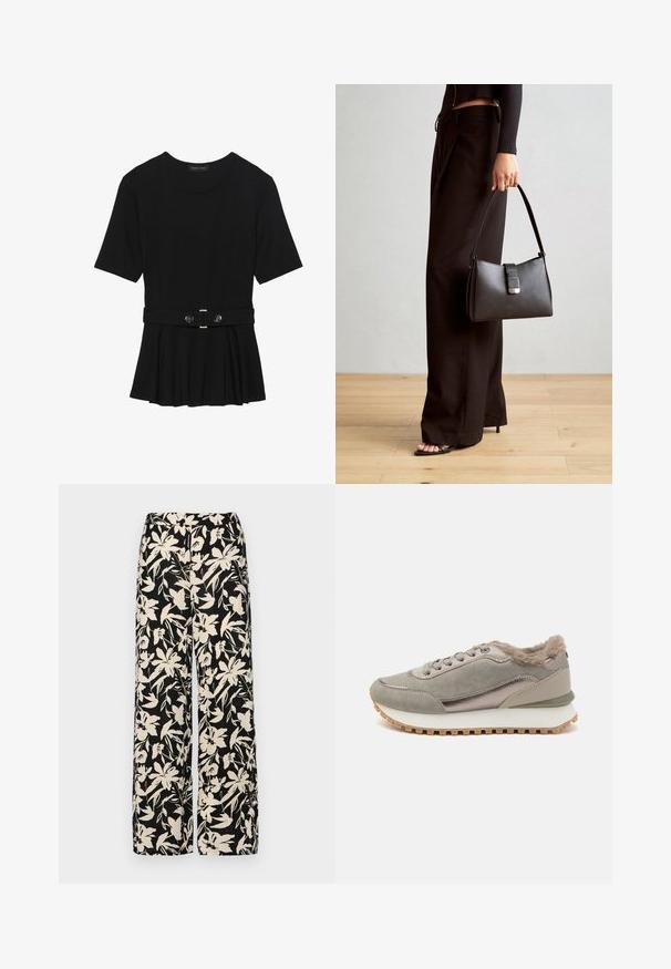 Black short-sleeve top made of smooth material, featuring a peplum design and a belted waist with two round, silver-tone buttons.; Black wide-leg pants with a cream floral pattern. Made of lightweight fabric, featuring a smooth texture and a high waistband.; Anna Field Trainers - grey; Black handbag with structured shape, smooth texture, and a metallic clasp. Paired with wide black pants and open-toe sandals on wooden floor.