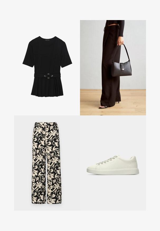 Must mustriga lühikeste varrukatega tipp, valmistatud siledast materjalist, millel on peplum-disain ja vöödiga talje, millel on kaks ümmargust, hõbedase tooni nuppu.; Mustad laiad püksid kreemja lillemustriga. Valmistatud kergest kangast, millel on sile tekstuur ja kõrge vöökoht.; Valged madalad nahast tennised, millel on paeltega kinnitamine ja lame kummist tald, esitatud külgvaates üheltoonilisel taustal.; Must musta kott, millel on struktureeritud kuju, sile tekstuur ja metallist klamber. Kombineeritud laiate mustade pükstega ja avatud varvaste sandaalidega puidust põrandal.