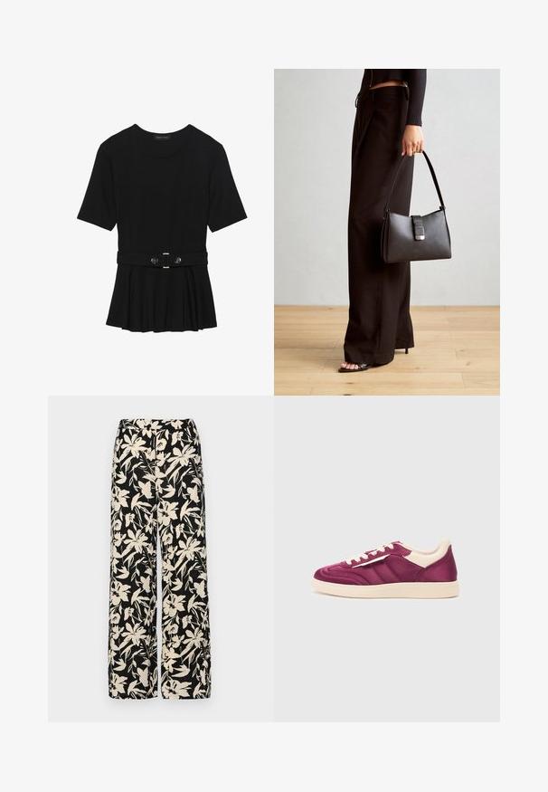 Schwarzes Kurzarmoberteil aus glattem Material, mit einem Peplum-Design und einem taillierten Bund, der mit zwei runden, silberfarbenen Knöpfen ausgestattet ist.; Schwarze weit geschnittene Hose mit einem cremefarbenen Blumenmuster. Hergestellt aus leichtem Stoff, mit einer glatten Textur und einem hohen Bund.; Lila Leder-Sneaker mit beigen Akzenten, runde Zehenpartie, Schnürverschluss und seitlichen Streifen. Texturierte Oberfläche im oberen Bereich.; Schwarze Handtasche mit strukturierter Form, glatter Textur und einem metallischen Verschluss. Kombiniert mit weiten schwarzen Hosen und offenen Sandalen auf einem Holzboden.