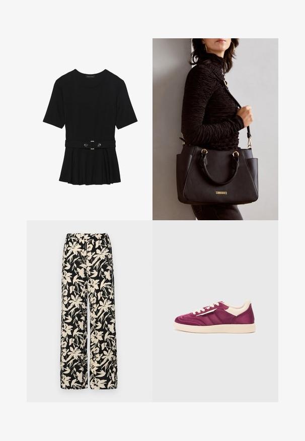 Top negro de manga corta fabricado en un material suave, con un diseño de peplum y una cintura ceñida con un cinturón que incluye dos botones redondos en tono plateado.; Pantalones de pierna ancha negros con un patrón floral crema. Fabricados en un tejido ligero, con una textura suave y una cintura alta.; Zapato deportivo de cuero morado con acentos beige, con puntera redondeada, parte delantera con cordones y rayas laterales. Acabado texturizado en la parte superior.; Bolso negro con superficie texturizada, doble asa superior y correa para hombro ajustable. Presenta herrajes en tono dorado y bolsillos laterales.
