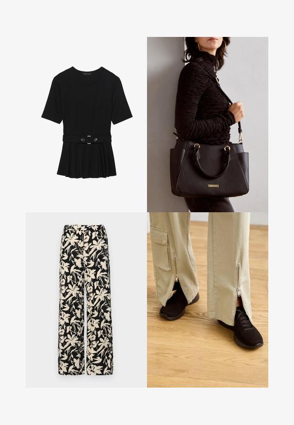 Black short-sleeve top made of smooth material, featuring a peplum design and a belted waist with two round, silver-tone buttons.; Black wide-leg pants with a cream floral pattern. Made of lightweight fabric, featuring a smooth texture and a high waistband.; Beige wide-leg pants with zippers at ankles, paired with black athletic shoes featuring a textured upper and cushioned sole.; Black handbag with textured surface, dual top handles, and adjustable shoulder strap. Features gold-tone hardware and side pockets.