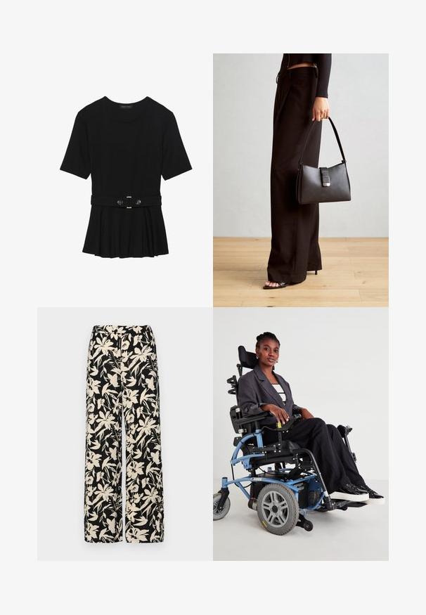Black short-sleeve top made of smooth material, featuring a peplum design and a belted waist with two round, silver-tone buttons.; Black wide-leg pants with a cream floral pattern. Made of lightweight fabric, featuring a smooth texture and a high waistband.; Electric wheelchair with blue frame, black seat, and gray wheels. User wears a gray blazer and black striped pants, seated confidently.; Black handbag with structured shape, smooth texture, and a metallic clasp. Paired with wide black pants and open-toe sandals on wooden floor.