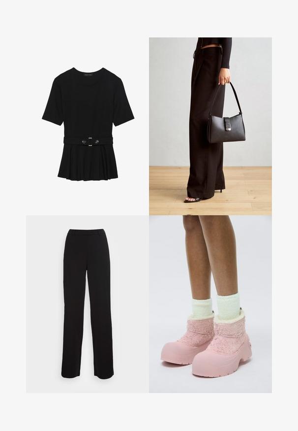 Crna majica kratkih rukava od glatkog materijala, s peplum dizajnom i pojasom s dva okrugla srebrna dugmeta.; Crne hlače s ravnim nogavicama, glatkom teksturom i prilagođenim pojasom. Imaju prednje džepove i minimalne šavove.; Roze gumene čizme s teksturiranim plišanim gornjim dijelom, mekanim podstavom i debelim potplatom. Nosene s svijetlozelenim krznenim čarapama do članaka.; Crna torba s oblikom koji sadrži strukturu, glađu teksturu i metalnu kopču. Uparena s širokim crnim hlačama i sandalama na otvorenom s drvenog poda.