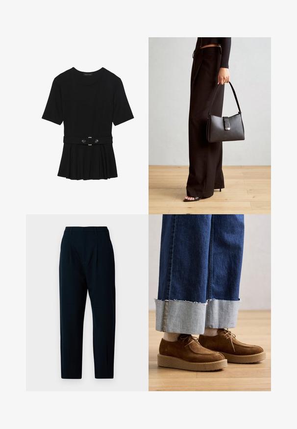 Haut noir à manches courtes fabriqué en matériau lisse, avec un design peplum et une taille ceinturée ornée de deux boutons ronds en métal argenté.; Pantalons de tailleur navy avec un devant plat, deux plis, taille standard et jambes fuselées. Fabriqués à partir d'un tissu lisse avec un léger éclat.; Geox ELIDEA - Derbies - dark camel; Sac à main noir à la forme structurée, texture lisse et fermoir métallique. Associé à un pantalon noir ample et des sandales ouvertes sur un sol en bois.