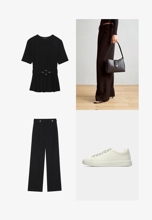 Must mustriga lühikeste varrukatega tipp, valmistatud siledast materjalist, millel on peplum-disain ja vöödiga talje, millel on kaks ümmargust, hõbedase tooni nuppu.; Mustad laiad püksid kõrge vöökoha ja nööpdetailidega vööandil, esikortsudega.; Valged madalad nahast tennised, millel on paeltega kinnitamine ja lame kummist tald, esitatud külgvaates üheltoonilisel taustal.; Must musta kott, millel on struktureeritud kuju, sile tekstuur ja metallist klamber. Kombineeritud laiate mustade pükstega ja avatud varvaste sandaalidega puidust põrandal.