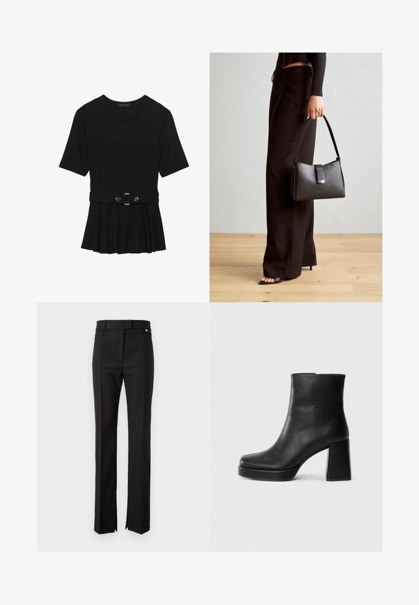 Melnas īsām piedurknēm topiņš, izgatavots no gludas materiāla, ar pepluma dizainu un jostu ar divām apaļām sudraba krāsas pogām.; Melni pielāgoti bikses ar taisnu kāju dizainu, ar jostu, kurai ir pogu aizdare un sānu šķēlumi pie apakšas.; Melna ādas potīšu zābaku ar bloku papēdi un platformas zoli, skatīts no sāna uz vienkārša balta fona.; Melnā somiņa ar strukturētu formu, gludu tekstūru un metālu sprādzi. Saskaņota ar platām melnām biksēm un sandālēm ar atvērtu purngalu uz koka grīdas.