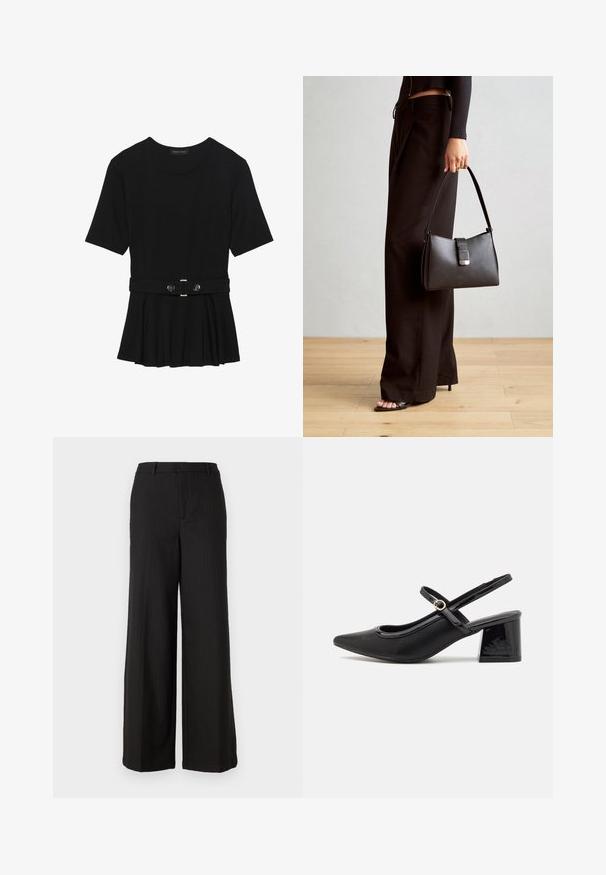 Melnas īsām piedurknēm topiņš, izgatavots no gludas materiāla, ar pepluma dizainu un jostu ar divām apaļām sudraba krāsas pogām.; Melnu svītru platajām biksēm ar pielāgotu dizainu, kurām ir gluda tekstūra un jostasvieta, pieejamas oficiālā stilā.; Melns patentēts ādas sandales ar norādīta pirksta formu, noapaļotu izgriezuma dizainu un bloķētu papēdi. Iezīmēta ar zelta toņa sprādzi.; Melnā somiņa ar strukturētu formu, gludu tekstūru un metālu sprādzi. Saskaņota ar platām melnām biksēm un sandālēm ar atvērtu purngalu uz koka grīdas.