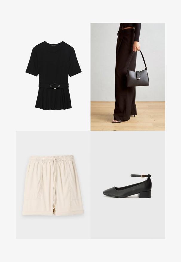 Sort kortærmet top lavet af glat materiale, med en peplum-design og en bælte i taljen med to runde, sølvfarvede knapper.; Beige bomuldsbukser med elastisk talje, snor og to sidelommer; har en afslappet pasform og oprullede kanter.; Sorte læderpumper med spids tå og en lav blokhæl. Har en ankelrem med en guldfarvet spænde. Glat tekstur.; Sort håndtaske med struktureret form, glat overflade og metalspænde. Sammen med brede sorte bukser og sandaler med åben tå på trægulv.