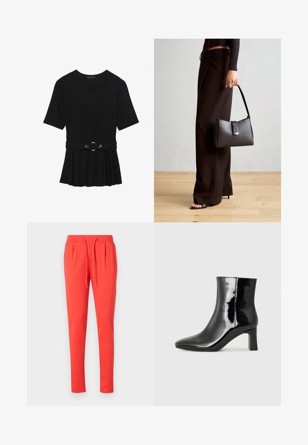 Fekete, rövid ujjú felső sima anyagból, peplum fazonnal és övvel a deréknál, két kerek, ezüst árnyalatú gombbal.; Piros dzsogger nadrág puha anyagból, rugalmas derékkal és állítható zsinórral. Cikkcakkos lábvágású kialakítással rendelkezik.; Fekete lakk bőrcipő bokáig érő, hegyes orral és közepes magasságú tömbsarokkal. Simább textúrával és minimalista dizájnnal rendelkezik.; Fekete kézi táska strukturált formával, sima textúrával és fémből készült záródással. Széles fekete nadrággal és nyitott orrú szandállal párosítva, fából készült padlón.