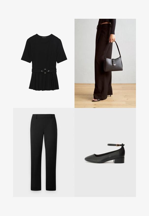 Melnas īsām piedurknēm topiņš, izgatavots no gludas materiāla, ar pepluma dizainu un jostu ar divām apaļām sudraba krāsas pogām.; Melni bikses ar taisnām kājām, izgatavotas no gludas auduma, ar pielāgotu vidukli un priekšējām kabatām.; Melnas ādas sūkņi ar smailu purngalu un zemu bloku papēdi. Iezīmēts ar potītes siksniņu ar zelta krāsas sprādzi. Gluda tekstūra.; Melnā somiņa ar strukturētu formu, gludu tekstūru un metālu sprādzi. Saskaņota ar platām melnām biksēm un sandālēm ar atvērtu purngalu uz koka grīdas.