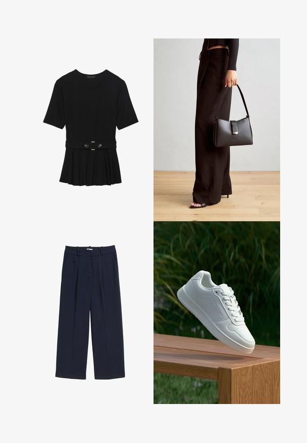 Zwart топ met korte mouwen van glad materiaal, voorzien van een peplum ontwerp en een riem in de taille met twee ronde, zilverkleurige knopen.; Marineblauwe, wijde broek van een soepele stof; heeft een hoge tailleband, zijzakken en een getailleerde pasvorm. Ideaal voor formele gelegenheden.; Witte sneaker met een gladde synthetische bovenkant, geperforeerde neus, platte veters en een gestructureerde zool, tentoongesteld op een houten oppervlak.; Zwarte handtas met gestructureerde vorm, gladde textuur en een metalen sluiting. Gecombineerd met brede zwarte broeken en sandalen met open teen op een houten vloer.
