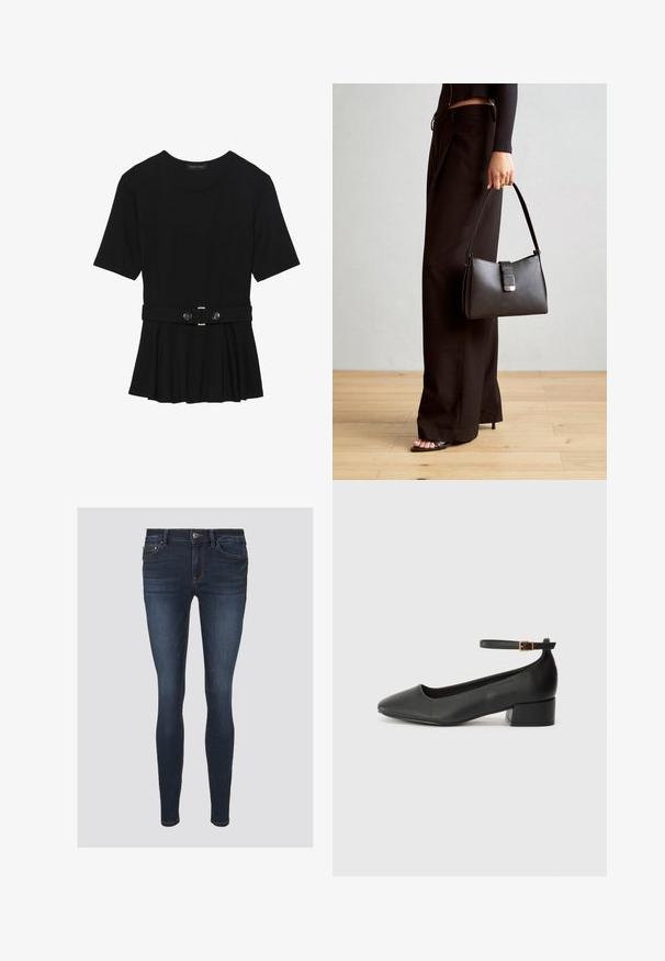 Top preto de mangas curtas, feito de material suave, com design peplum e uma cintura cinto com dois botões redondos em tom prateado.; Jeans justos feitos de denim azul escuro, com costura laranja, fecho de botão e bolsos frontais. Textura suave com um formato ajustado.; Sandal de pele preta com bico pontiagudo e um salto bloco baixo. Apresenta uma tira no tornozelo com uma fivela em tom dourado. Textura suave.; Bolsa preta com forma estruturada, textura suave e um fecho metálico. Combinada com calças largas pretas e sandálias de salto aberto sobre um chão de madeira.