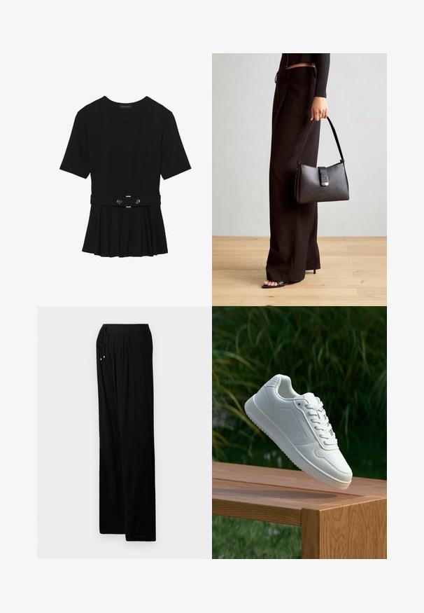 Musta lyhythihainen paita, joka on valmistettu sileästä materiaalista ja jossa on peplum-muotoilu sekä vyötäröllä vyö, jossa on kaksi pyöreää hopeanväristä nappia.; Musta kevyet housut rentoutuneella istuvuudella. Varustettu nauhavyöllä, poimutuksilla ja kultaisilla yksityiskohdilla nauhan päissä.; Valkoiset tennarit, joissa on sileä synteettinen päällinen, rei'itetty varvasosa, litteät nauhat ja teksturoitu pohja, esillä puupinnalla.; Musta käsilaukku, jossa on rakenteellinen muoto, sileä pinta ja metallinen solki. Yhdistetty leveisiin mustiin housuihin ja avonaiheisiin sandaaleihin puulattialla.