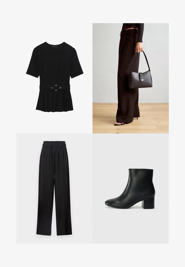 Crna majica kratkih rukava od glatkog materijala, s peplum dizajnom i pojasom s dva okrugla srebrna dugmeta.; Crne hlače širokih nogavica s elastičnim pojasom i trakicom za zatezanje. Napravljene od glatkog materijala bez vidljivih uzoraka ili hardvera.; Crne kožne čizme do članaka s uskim vrhom i debelim potplatom. Glatka tekstura s minimalnim detaljima i elegantan, prilagođen dizajn.; Crna torba s oblikom koji sadrži strukturu, glađu teksturu i metalnu kopču. Uparena s širokim crnim hlačama i sandalama na otvorenom s drvenog poda.